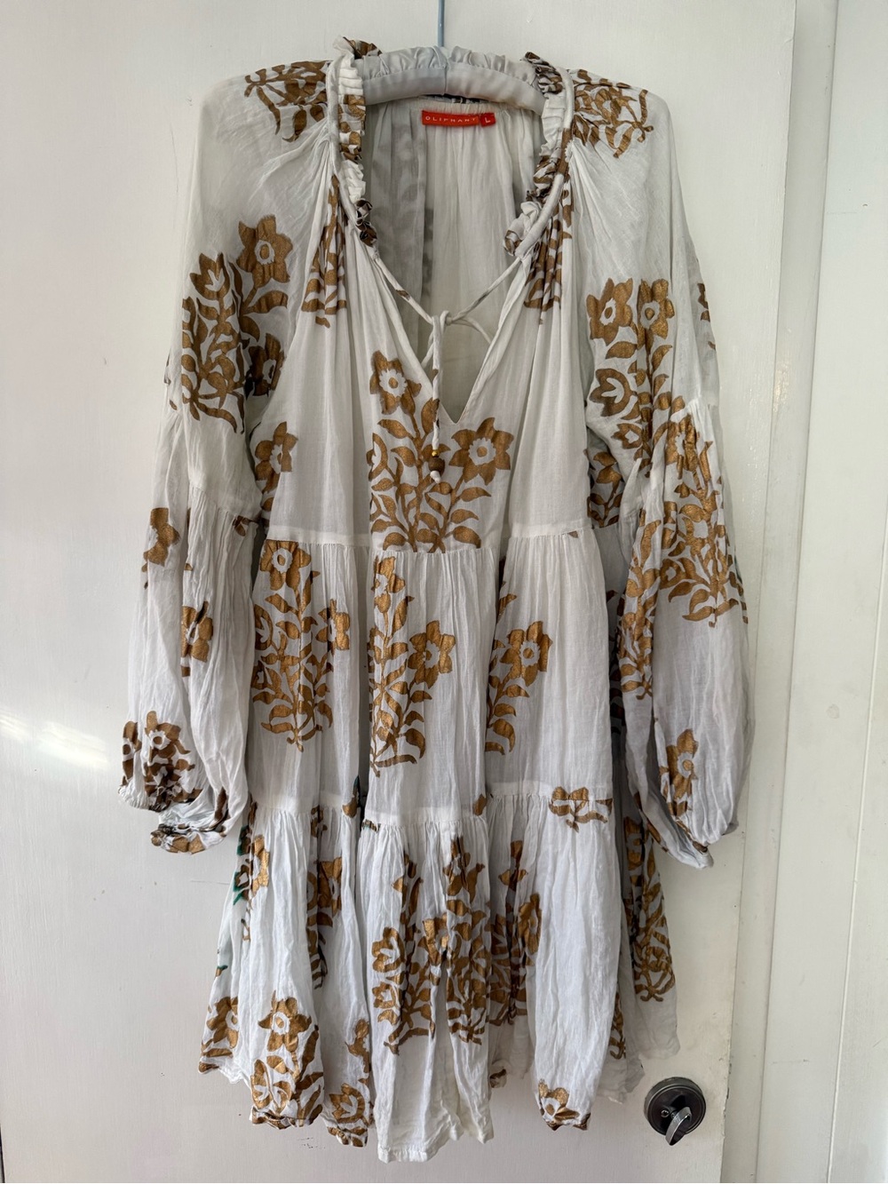 Oliphant White Mini Dress with Mustard Floral Embroidery
